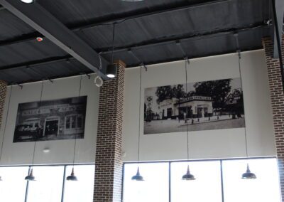 interior store with high ceiling and brick accents